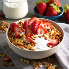 breakfast with granola and berries on wooden table, healthy food concept