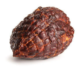 Tasty smoked ham isolated on white background