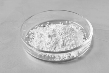 Petri dish with calcium carbonate powder on grey table, closeup