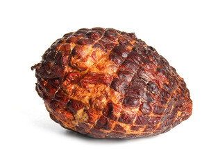 Tasty smoked ham isolated on white background