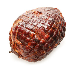 Tasty smoked ham isolated on white background