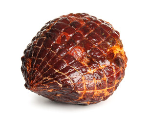 Tasty smoked ham isolated on white background