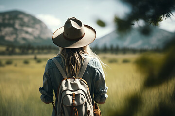 Solo raveller with backpack, looking at landscape during travel, standing backside, the joy of travelling
