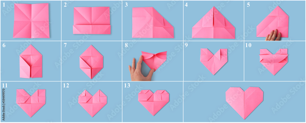 Sticker Origami art. Making pink paper heart step by step, photo collage on light blue background