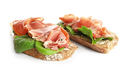 Tasty bruschettas with ham isolated on white background
