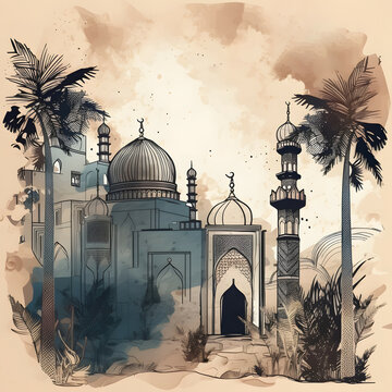 Ramadan Kareem: Serene Mosque and Crescent Moon Greeting Art Cover
