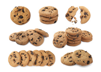 Tasty chocolate chip cookies on white background, collage design