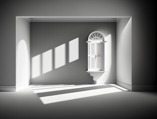 Empty white interior with the random shadow of a window. Abstract window overlay shadow sunlight. Realistic 3D illustration. Based on Generative AI