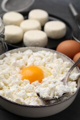 Different ingredients on table. Cooking cottage cheese pancakes