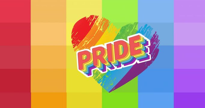 Animation of pride text over heart and rainbow stripes