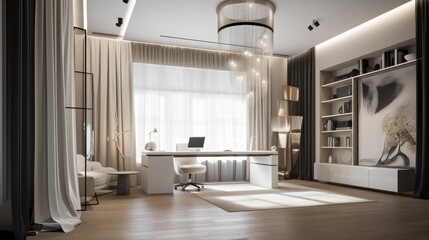 home interior design white and clean minimal study room sofa clear light day time nature earth tone material scheme colour image, image ai generate