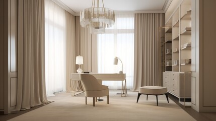 home interior design white and clean minimal study room sofa clear light day time nature earth tone material scheme colour image, image ai generate