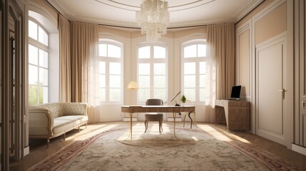 Fototapeta premium home interior design white and clean minimal study room sofa clear light day time nature earth tone material scheme colour image, image ai generate