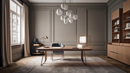 home interior design white and clean minimal study room sofa clear light day time nature earth tone material scheme colour image, image ai generate