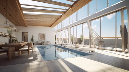 beautiful interior design indoor swimming pool with roof sky light morning sunshine blue water casual relax ambient and furniture element, image ai generate