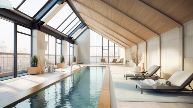 beautiful interior design indoor swimming pool with roof sky light morning sunshine blue water casual relax ambient and furniture element, image ai generate