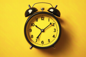 Front black and yellow clock on soft yellow background. Generative AI.