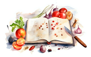 Cooking concept template Open a blank cookbook with copy space and vegetables with kitchen utensils., isolated on white background