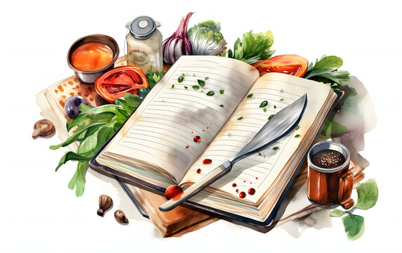 Cooking concept template Open a blank cookbook with copy space and vegetables with kitchen utensils., isolated on white background