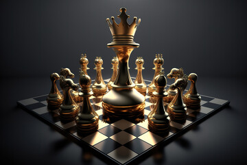 Golden king chess surrounded by enemy. Gold chess on chess board game for business metaphor. Leadership concept. Realistic 3D illustration. Based on Generative AI