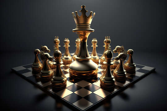 Golden king chess surrounded by enemy. Gold chess on chess board game for business metaphor. Leadership concept. Realistic 3D illustration. Based on Generative AI