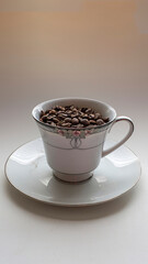 Close up of a cup of coffee with beans on brown background with copy space on top