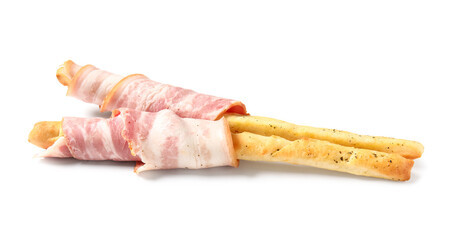 Tasty Italian Grissini with bacon on white background