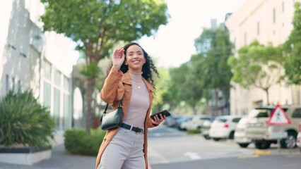 Travel, taxi and business with black woman in city for transportation, commute and stop. Traffic, phone and ride service with girl hailing cab in road for morning, lifestyle or positive in urban town