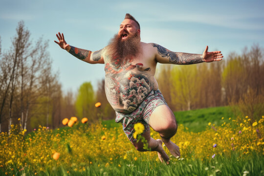 Glücklicher, übergewichtiger Mann mit Tattoos und langem Bart macht einen Luftsprung auf einer Wiese - Generative AI