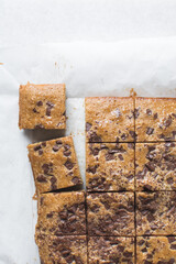 Top view of blondies with chocolate chunks, cross section of cut blondie bars