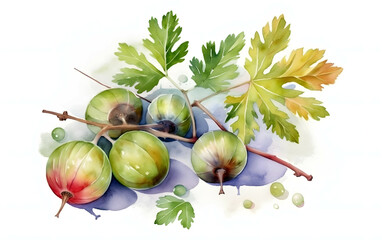 Watercolor gooseberry with branch illustration isolated on white, watercolor amla for packaging design, Generative AI