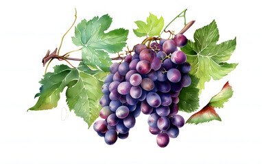 watercolor black grape bunches. Realistic ripe organic purple grape heap. Black grape berries group with green leaves
