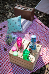 Fototapeta na wymiar Pieces on a table, picnic equipment