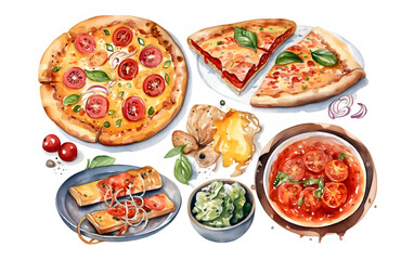 Fototapeta na wymiar Watercolor Italian Cuisine Collection, Pizza and Spaghetti Bolognese
