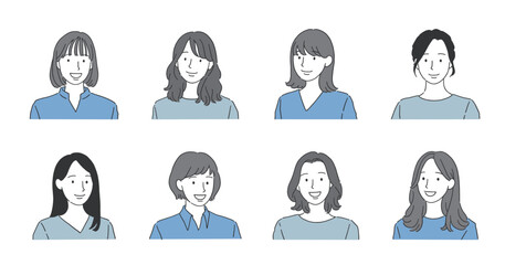 笑顔の女性のシンプルアイコン アバターイラストセット
