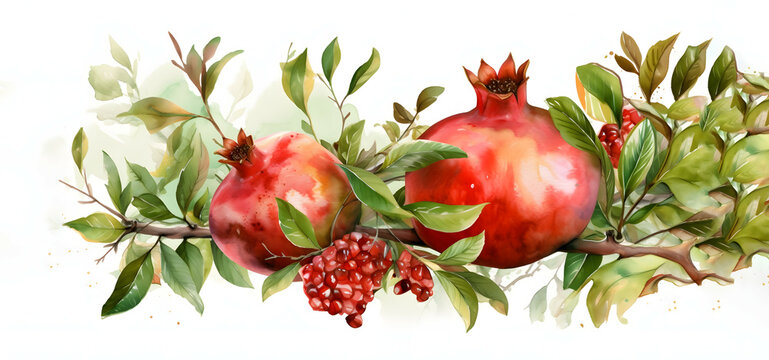 Illustration of Pomegranate with branches, Pomegranate vines plant isolated on white background, Generative AI