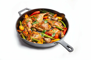 Roasted chicken legs in pan with vegetables isolated on white
