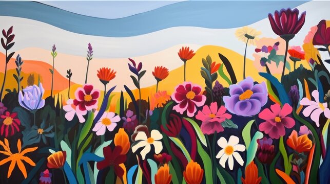 An abstract illustration of a cheerful vibrant field of flowers. Generative AI. 