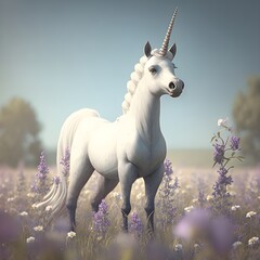 A unicorn with a horn and a purple flower field in the background.