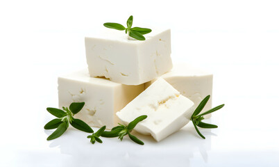 Soft greek feta cheese isolated, Tasty feta cheese with herbs and tomato on white background