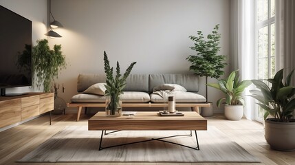 Nowoczesne wnętrze salonu z sofą i drewnianym stolikiem, Generative AI