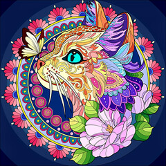 illustration of cat head with butterfly and flowers