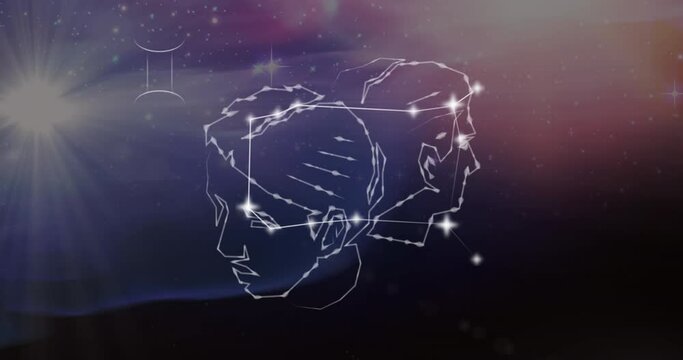 Animation of gemini star sign on clouds of smoke in background