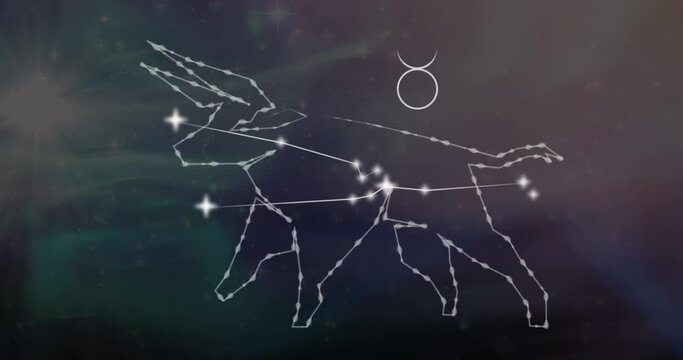 Animation of taurus star sign on clouds of smoke in background