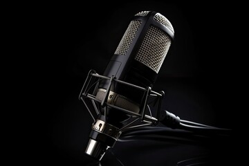 Studio audio microphone, with black background. High quality generative AI