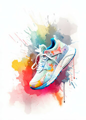 colorful sports sneakers with a paint backdrop, flying shoes abstract painting shape and white pastel background