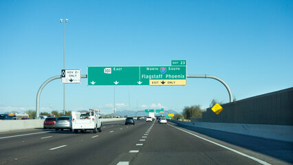Early evening rush-hour traffic on Arizona Sate Loop 101 at the split toward Flagstaff and Phoenix