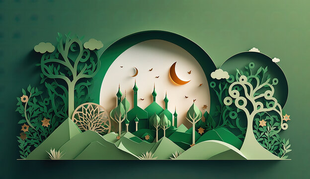 eid al fitr illustration from papercut art created with generative AI technology © Ydhimas