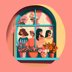 idependet girls in simple house window with flowers, flat design