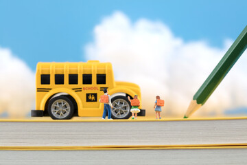 Miniature Scene School Bus Pupils Go to School